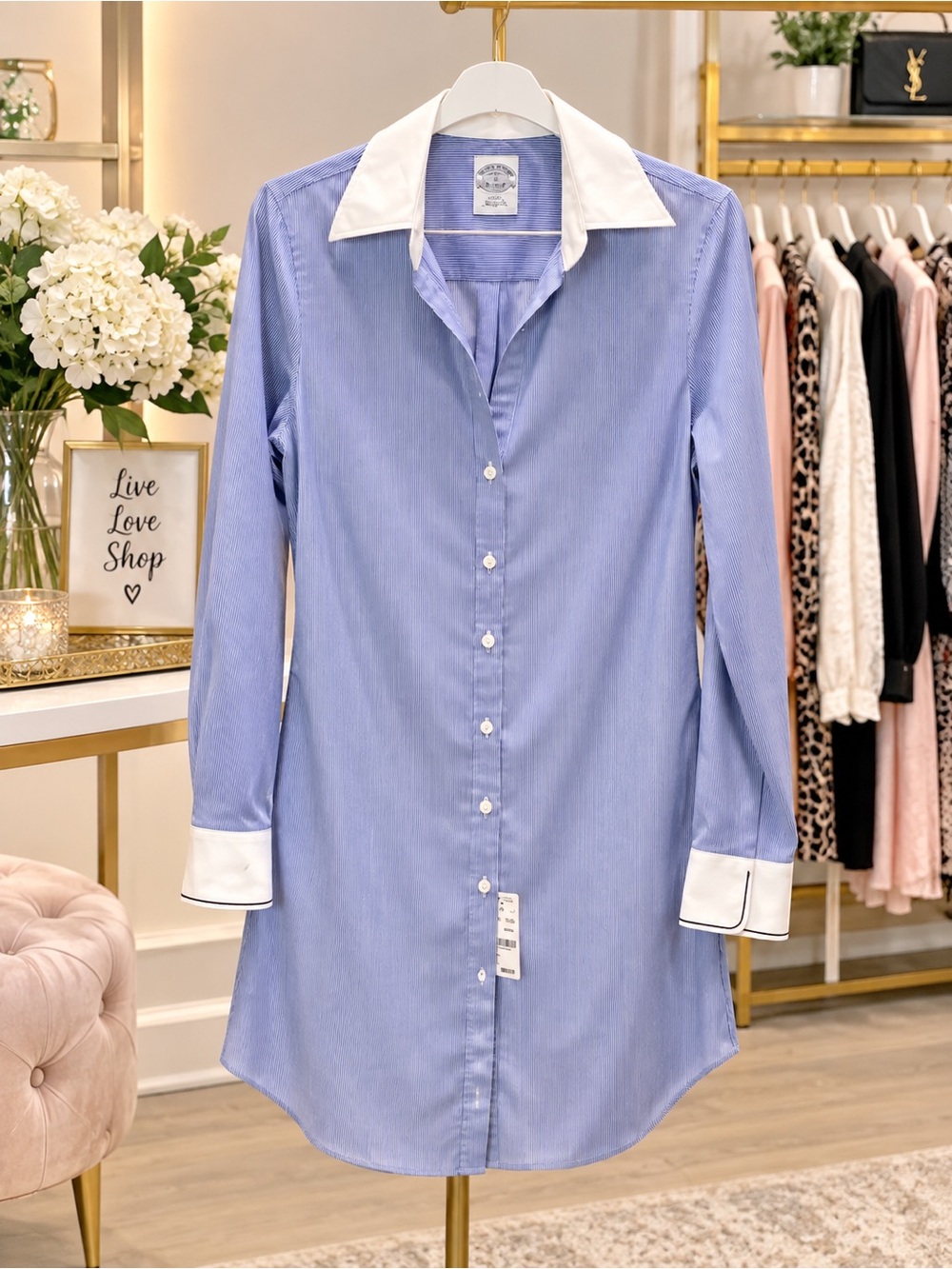 Brooks Brothers Light Blue Pinstripe Button-Down Shirt Dress with White Collar